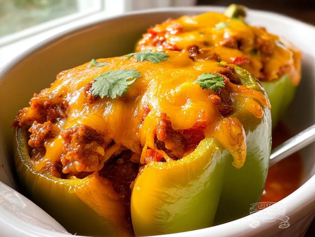Two baked Turkey Taco Stuffed Peppers topped with melted cheddar cheese and fresh cilantro in a white baking dish.