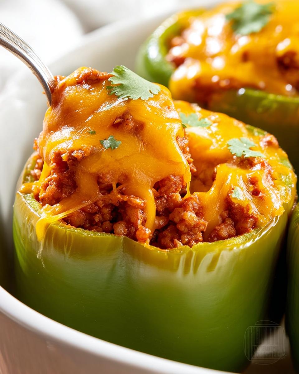 A close-up of a green bell pepper filled with savory ground turkey taco meat and topped with melted cheddar cheese, being scooped by a fork.
