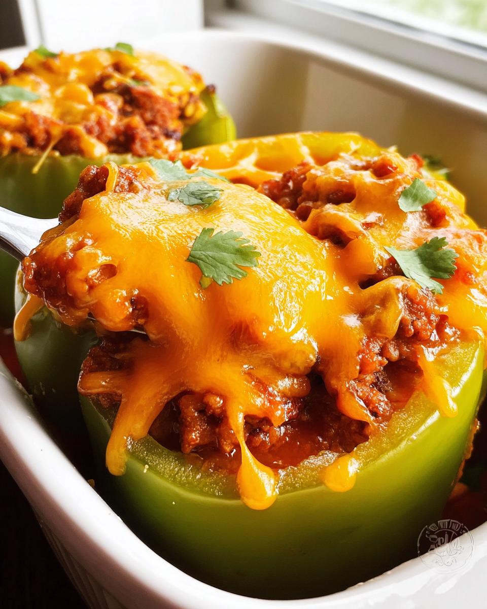 Close-up of a green bell pepper filled with savory ground turkey taco meat, topped with melted cheddar cheese and cilantro garnish.
