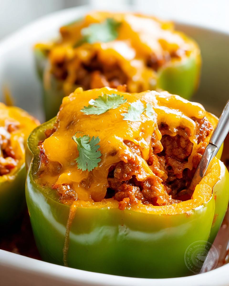 Close-up of a green bell pepper filled with savory turkey taco meat and topped with melted cheddar cheese and cilantro garnish.