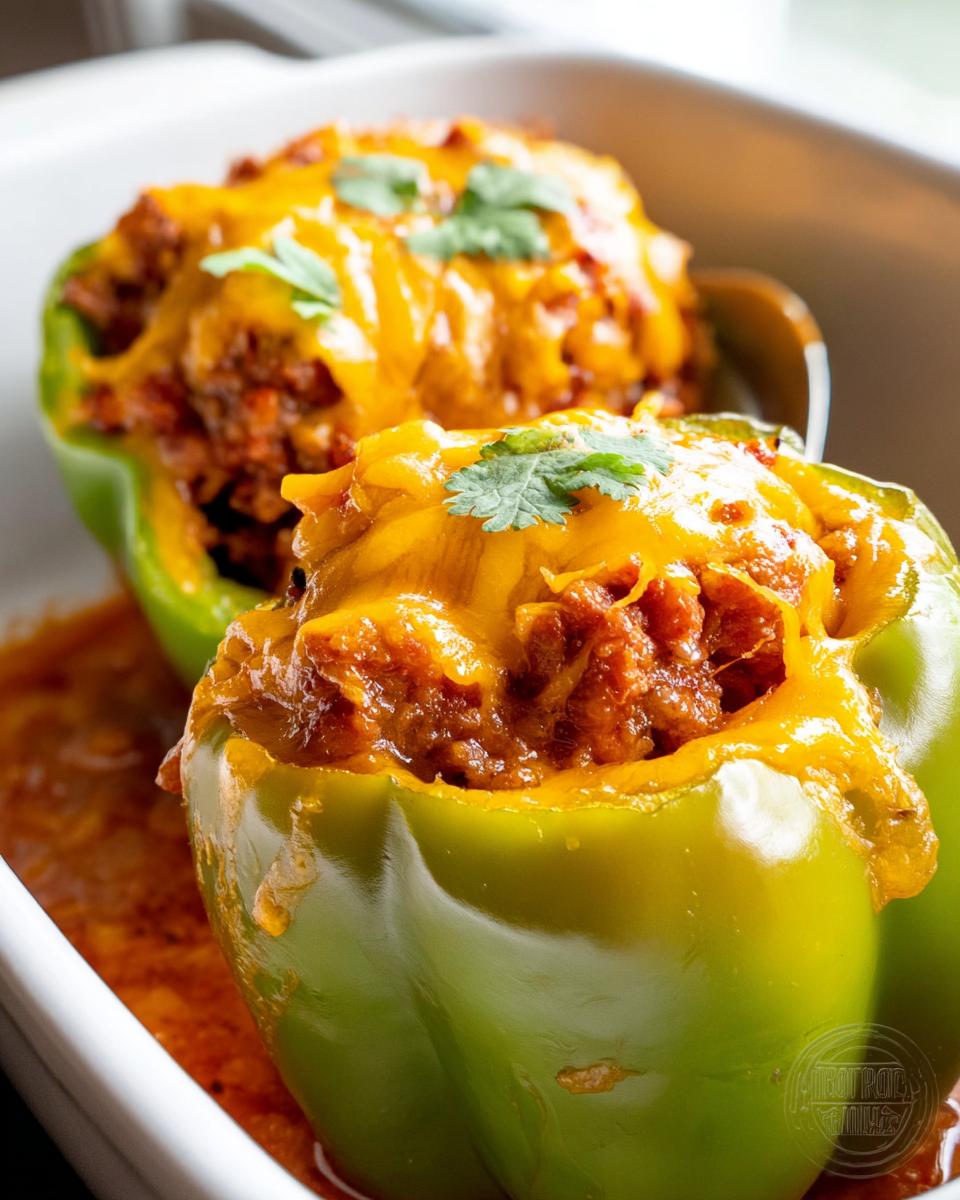 Close-up of two green bell peppers filled with taco meat, topped with melted cheddar cheese and cilantro, part of the Turkey Taco Stuffed Peppers.