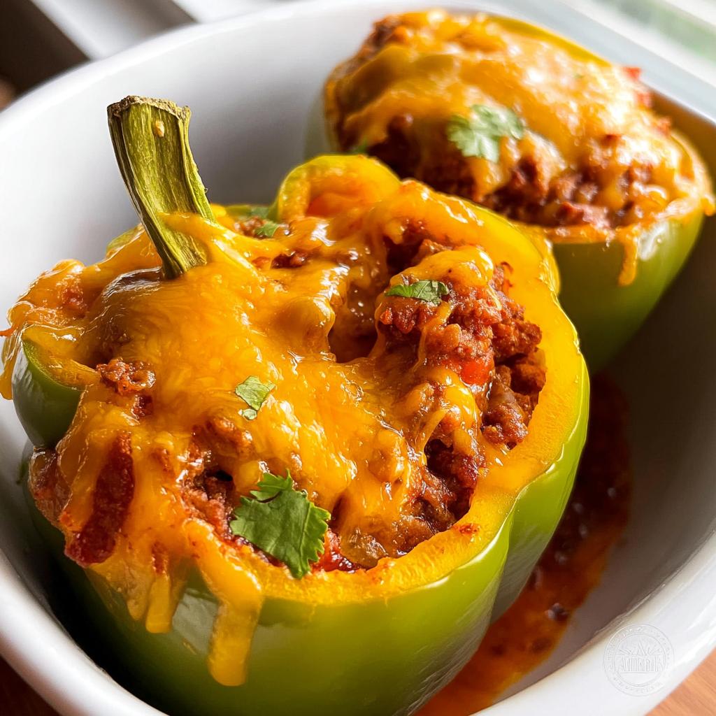 Close-up of two baked green bell peppers filled with seasoned turkey taco meat and topped with melted cheddar cheese.