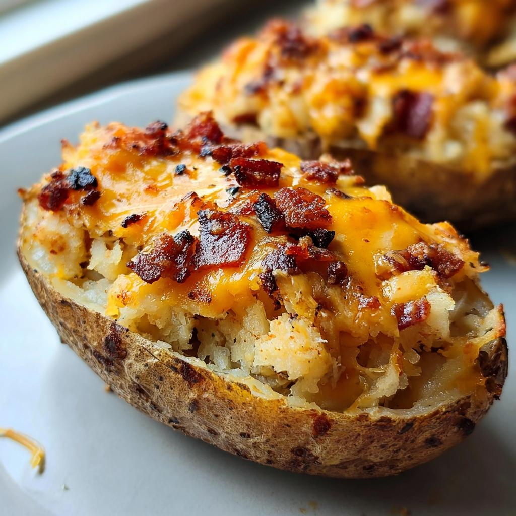 A close-up of a perfectly baked potato half stuffed with mashed potato filling, topped with melted cheddar cheese and crispy bacon bits, ready to eat.