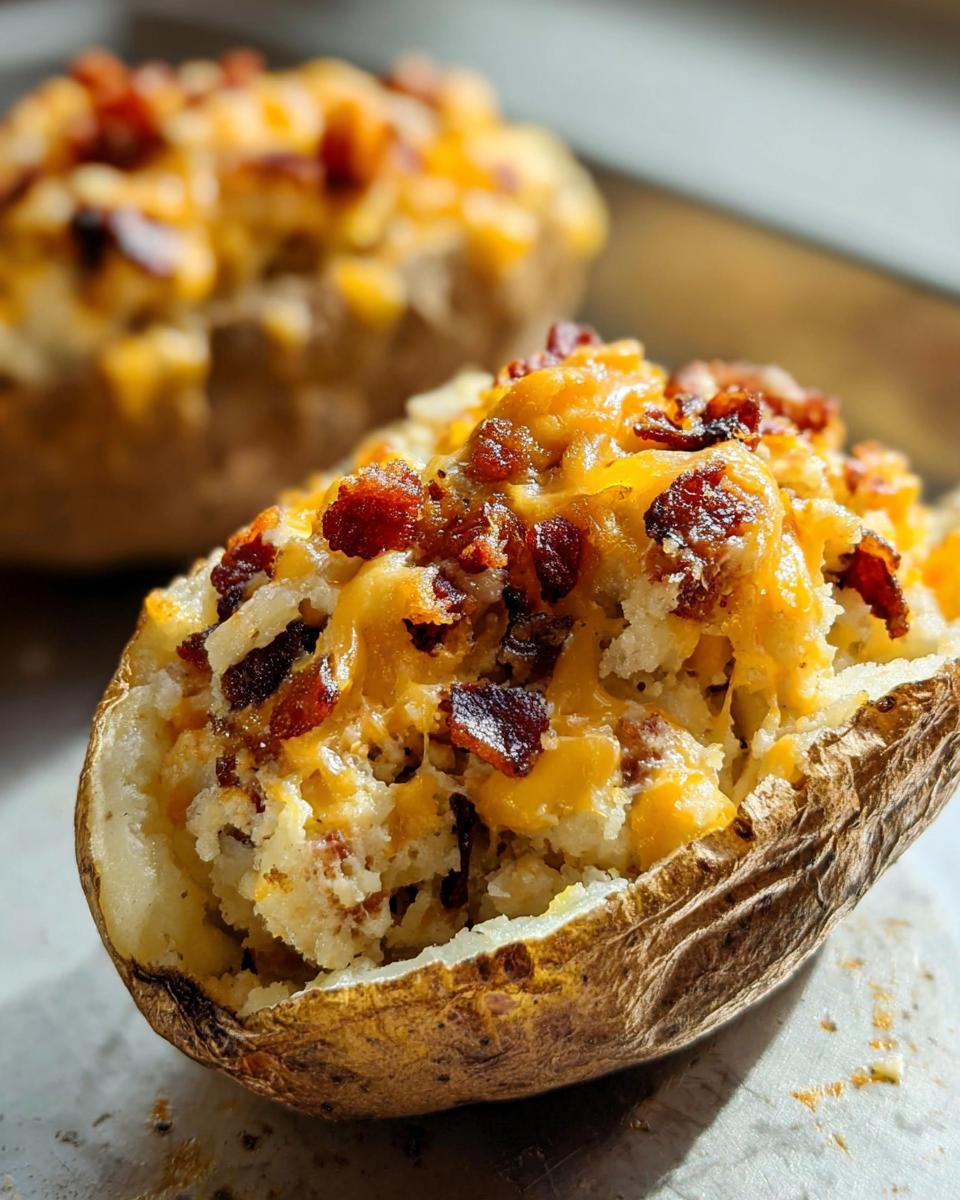 Close-up of a Twice Baked Bacon Cheddar Potatoes, loaded with melted cheese and crispy bacon bits.