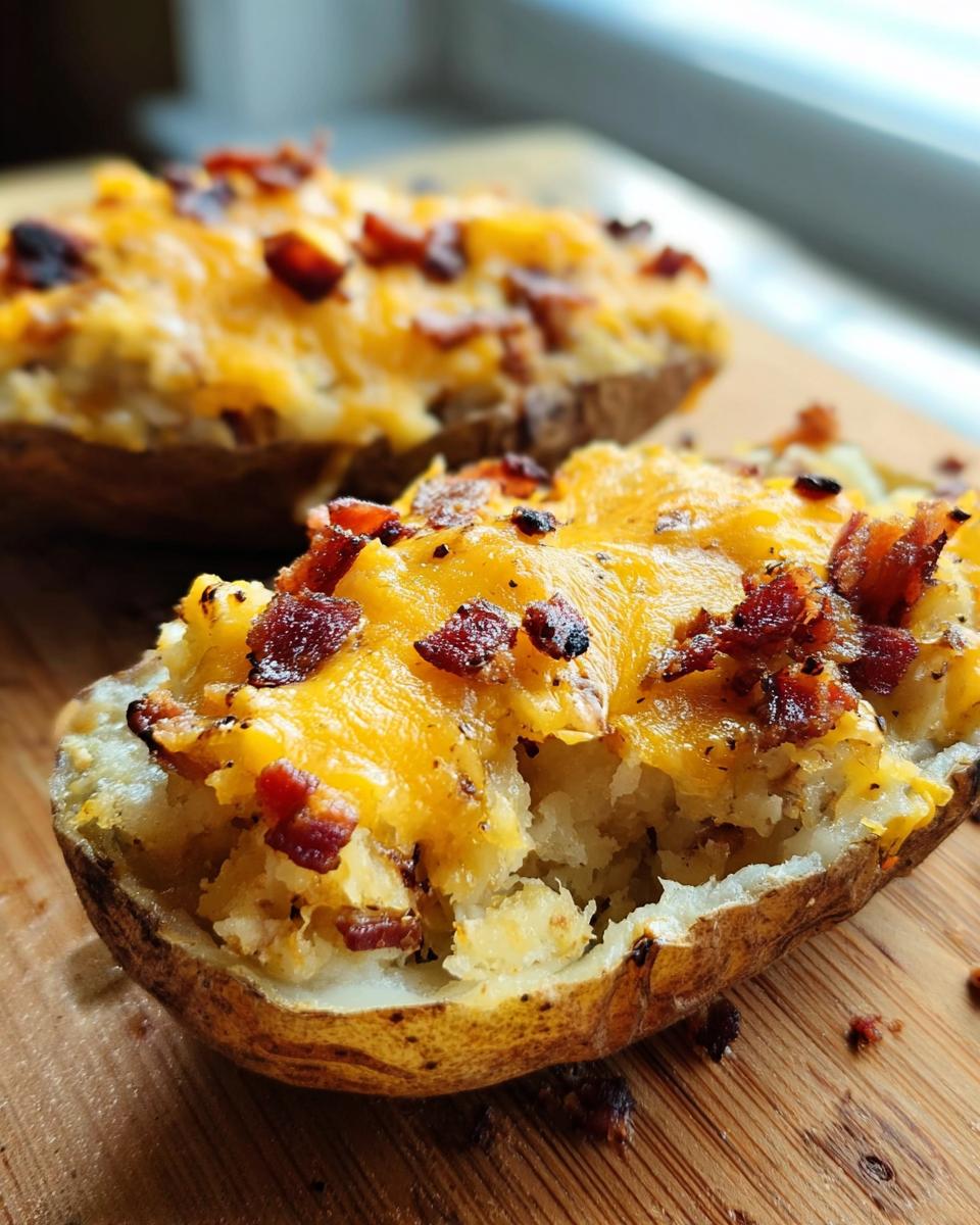 Close-up of a Twice Baked Bacon Cheddar Potatoes half, topped with melted cheddar cheese and crispy bacon bits.