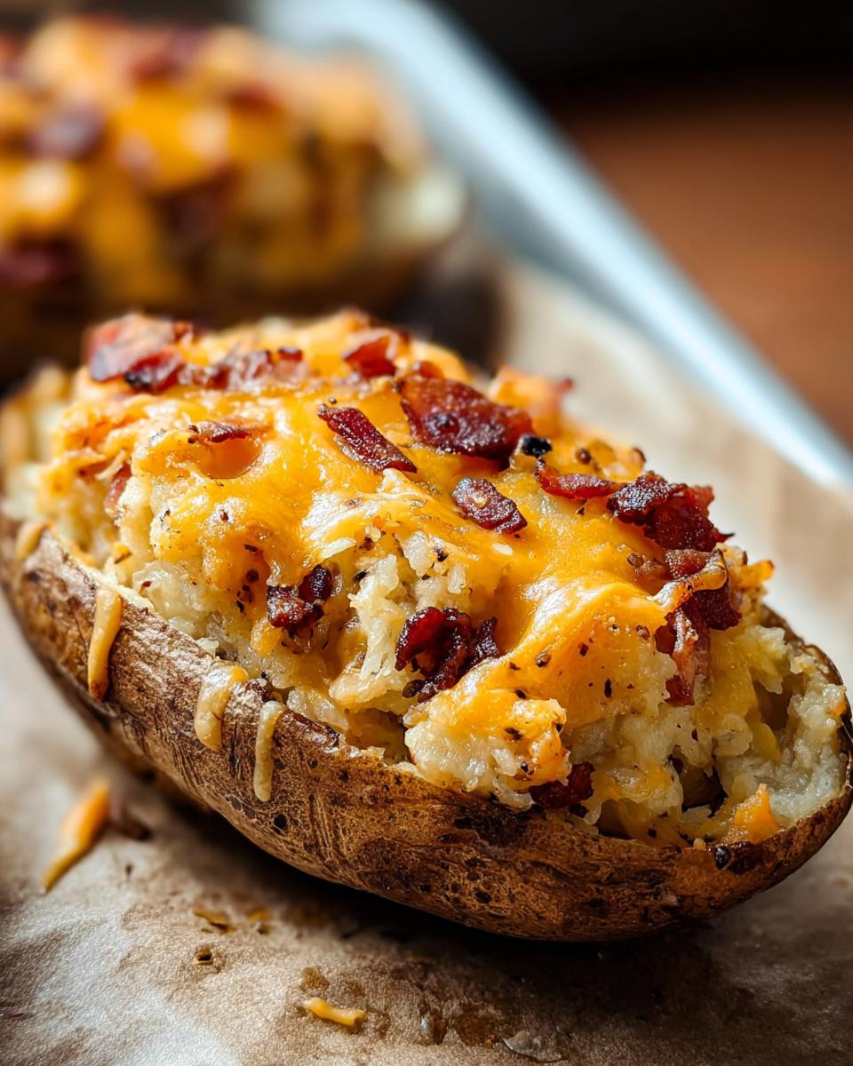 Close-up of a Twice Baked Bacon Cheddar Potatoes, topped with melted cheese and crispy bacon bits.