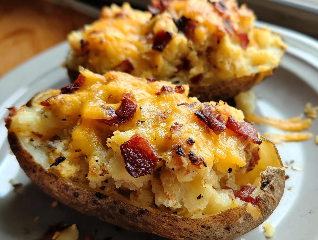 Close-up of two Twice Baked Bacon Cheddar Potatoes stuffed with creamy filling, topped with melted cheddar cheese and crispy bacon bits.