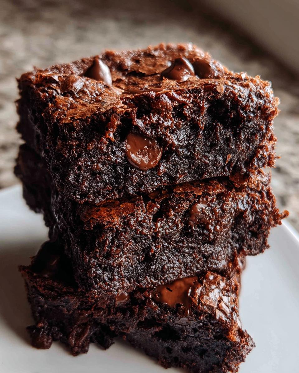 A close-up stack of three Ultimate Fudgy Dark Chocolate Brownies with visible melted chocolate chips.