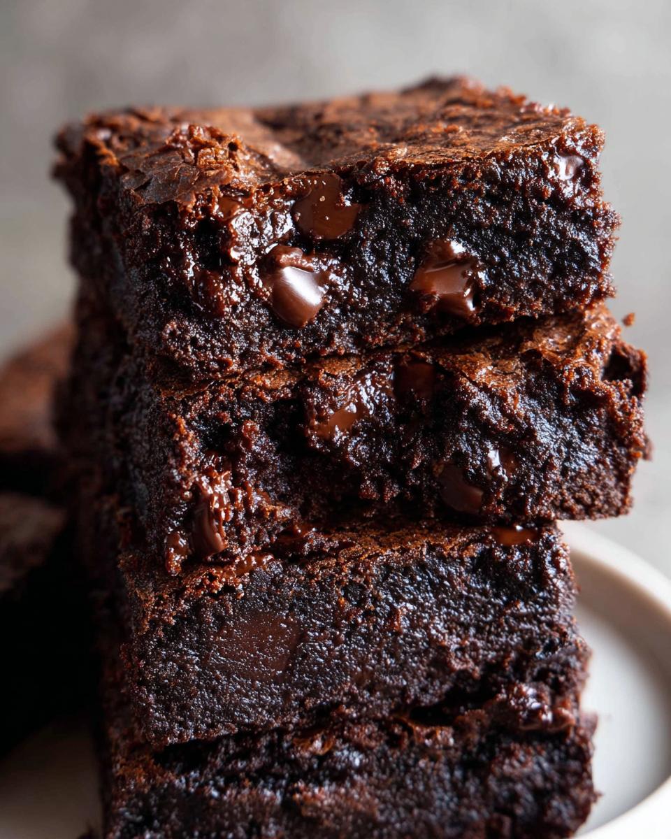 Close-up of a stack of Ultimate Fudgy Dark Chocolate Brownies showing melted chocolate chips.