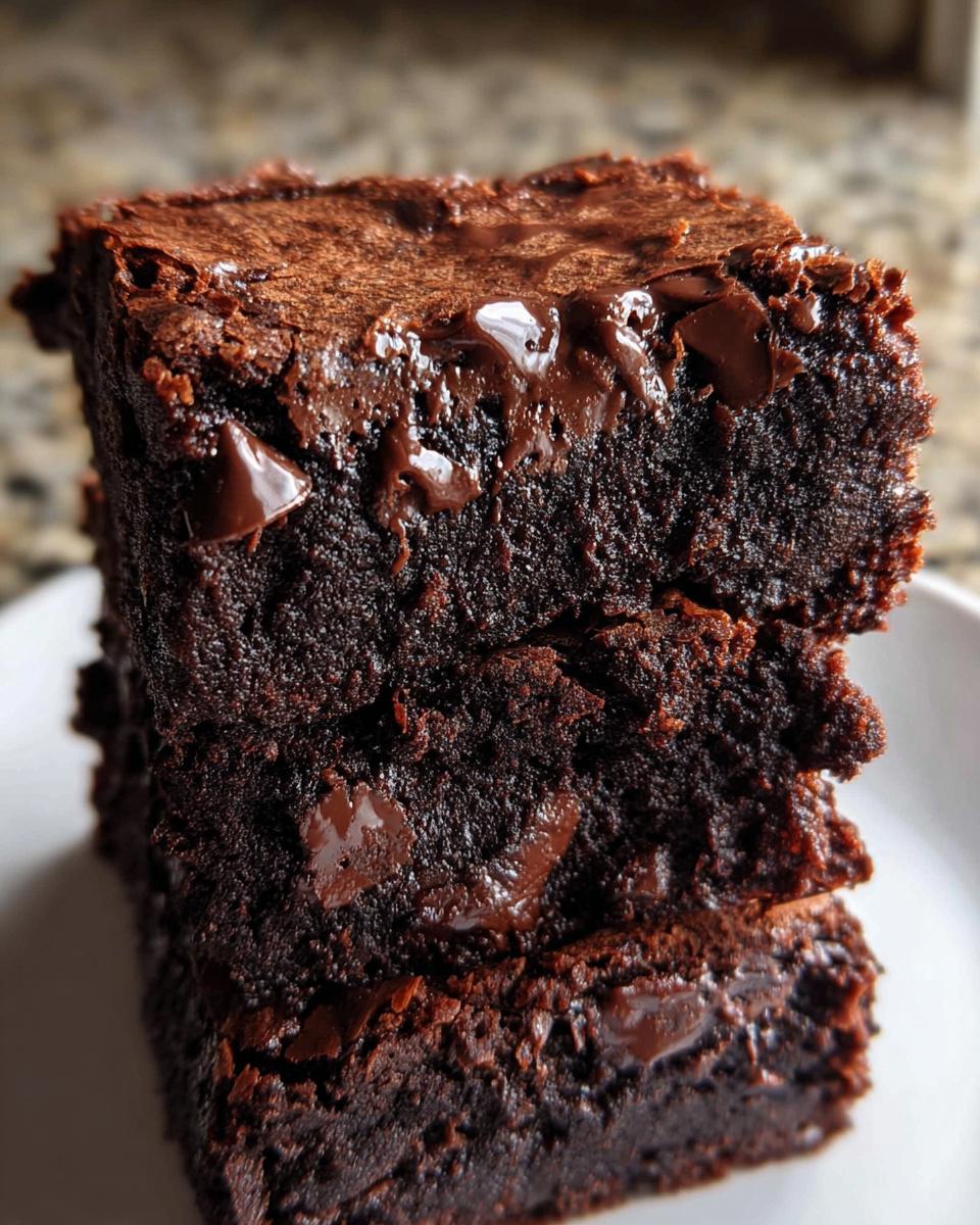 Close-up of stacked Ultimate Fudgy Dark Chocolate Brownies showing melted chocolate chips and a moist, dense texture.