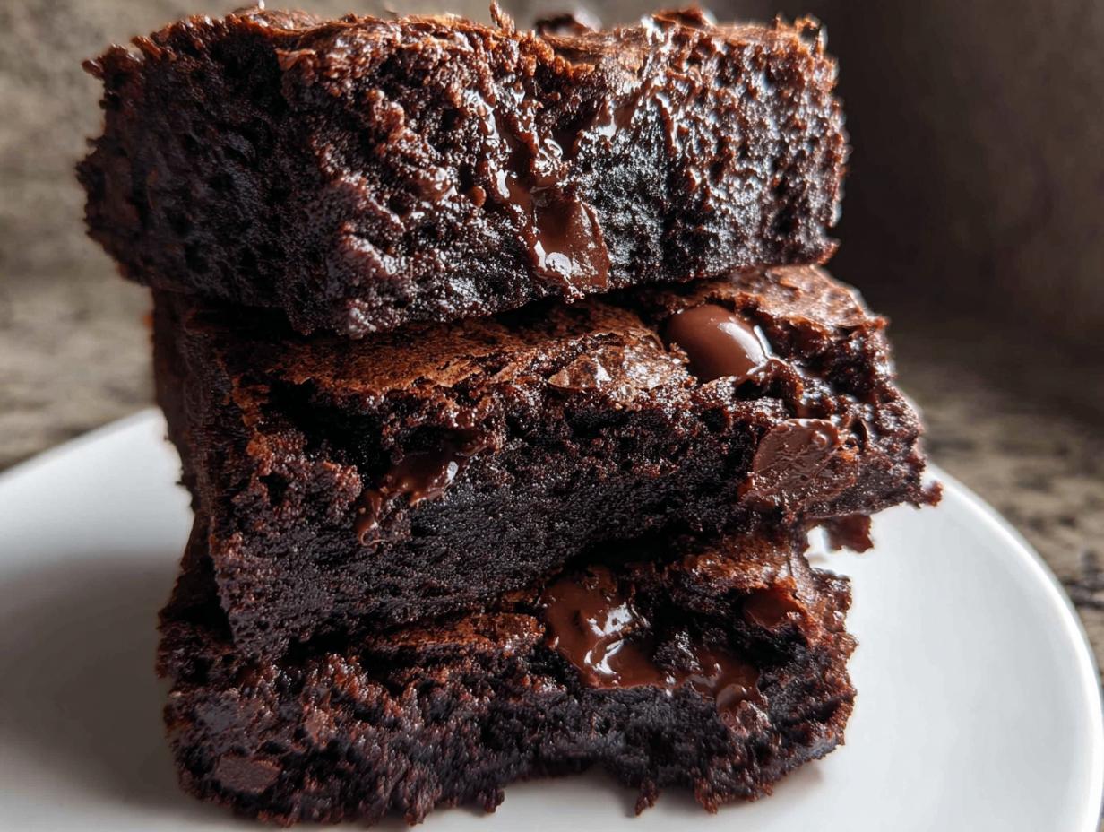 A stack of three incredibly fudgy dark chocolate brownies with visible melted chocolate chips.