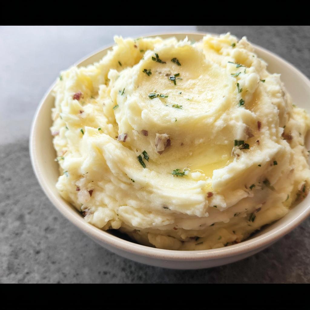 A close-up of a bowl filled with Ultra Creamy Garlic Mashed Potatoes topped with melted butter and chives.