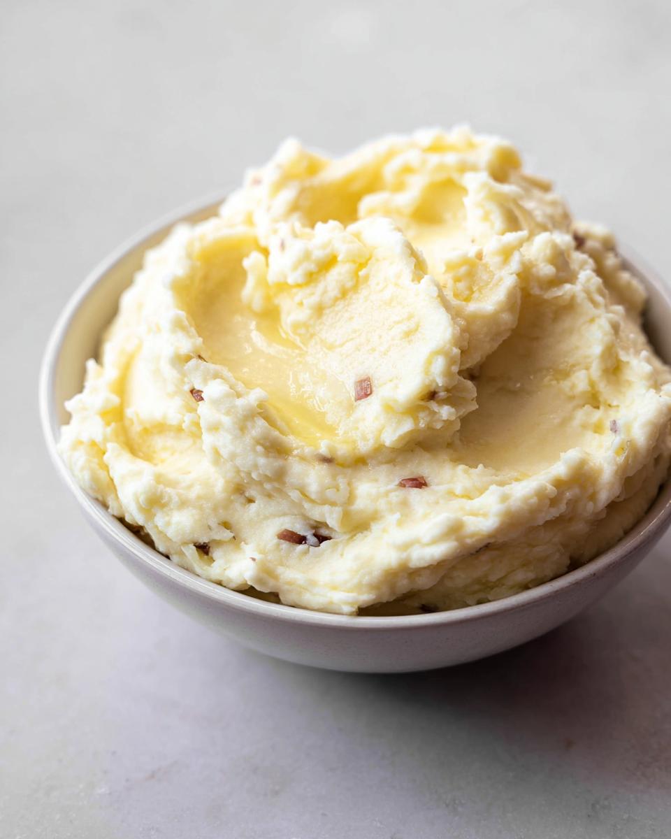 A close-up of a white bowl filled with Ultra Creamy Garlic Mashed Potatoes, topped with melted butter.