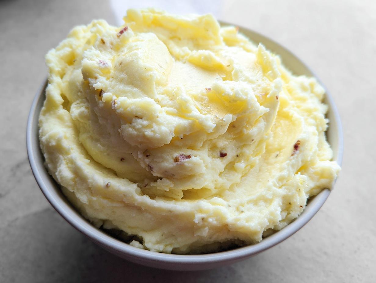 A close-up of a bowl filled with fluffy Ultra Creamy Garlic Mashed Potatoes, showing melted butter pooling on top.
