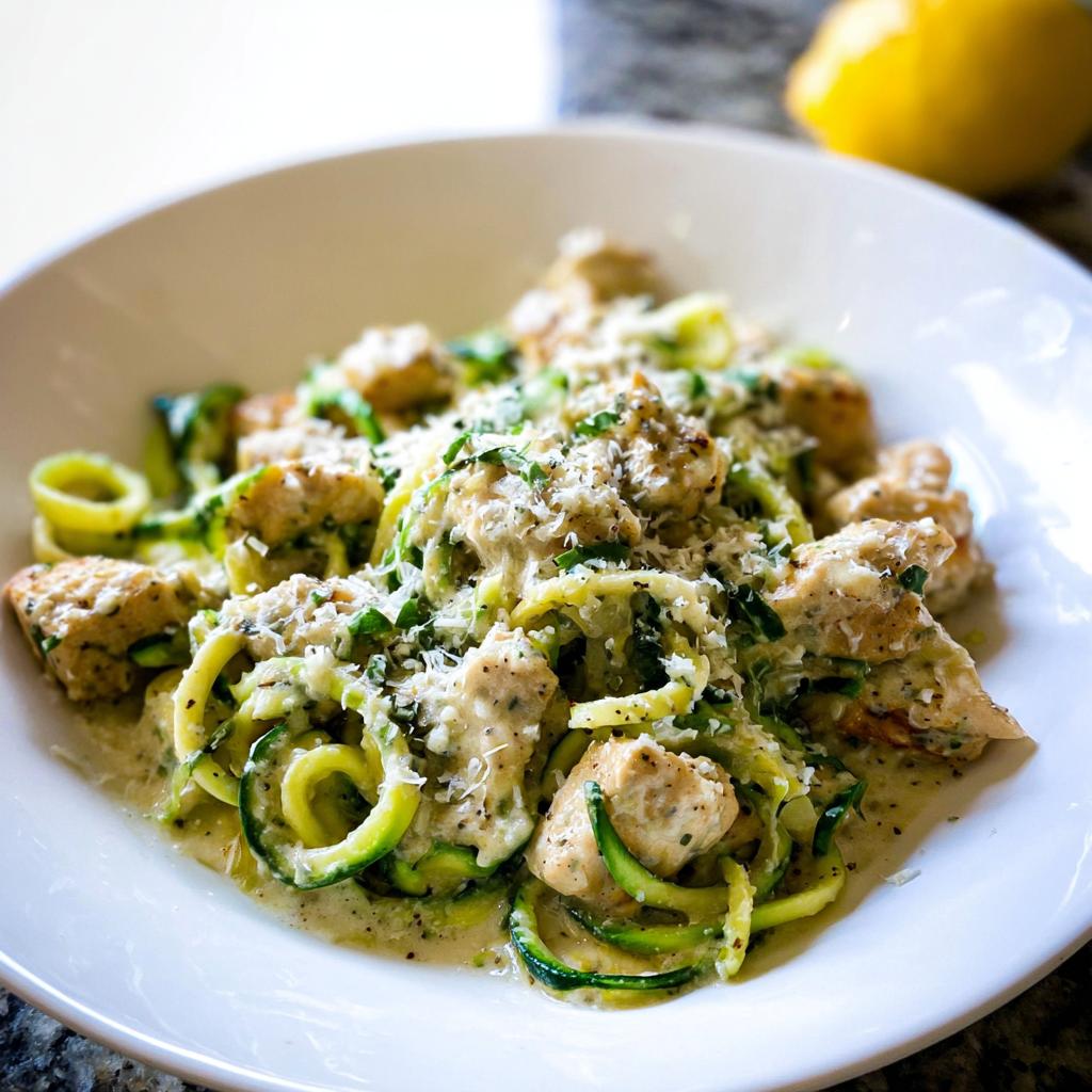 A close-up of Zucchini Noodle Chicken Alfredo Lightened Up, featuring spiralized zucchini, chicken pieces, and creamy sauce topped with Parmesan.