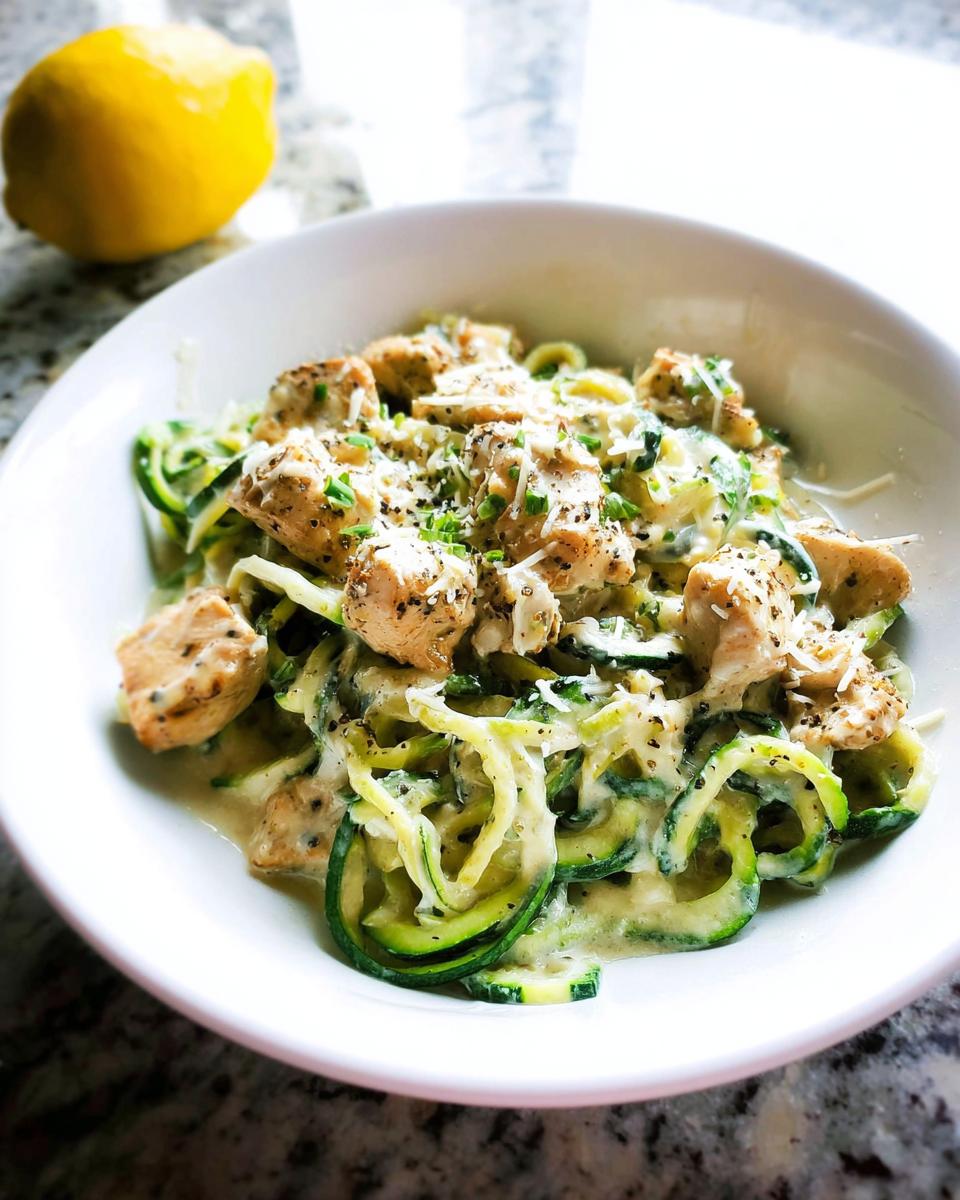 A white bowl filled with Zucchini Noodle Chicken Alfredo Lightened Up, topped with chicken pieces and parmesan.