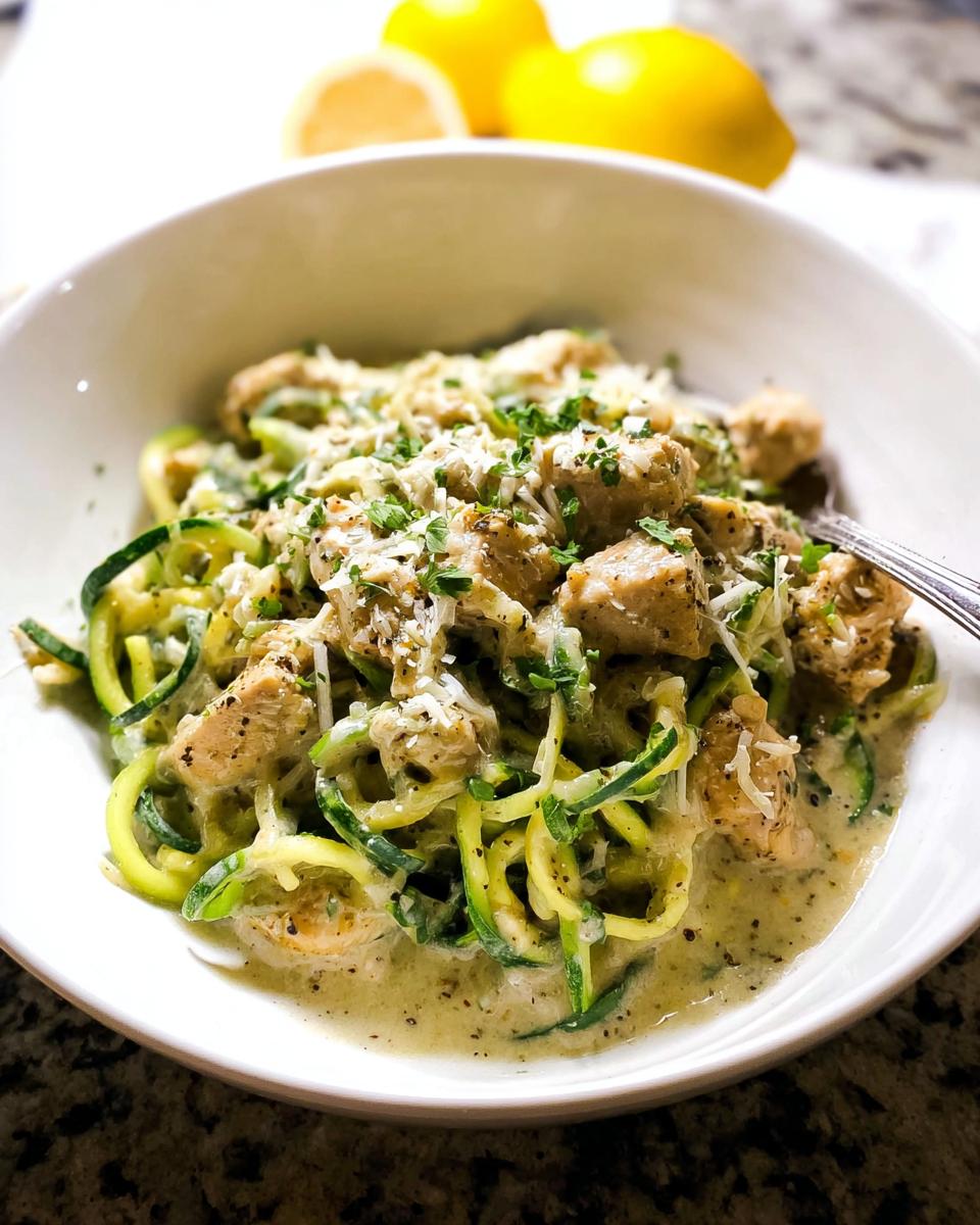 A close-up of Zucchini Noodle Chicken Alfredo Lightened Up, topped with cheese and parsley, with lemons in the background.