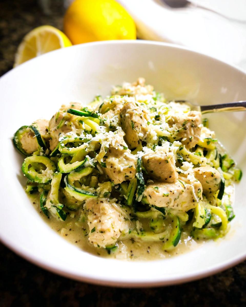 A white bowl filled with Zucchini Noodle Chicken Alfredo Lightened Up, topped with grated cheese and herbs.