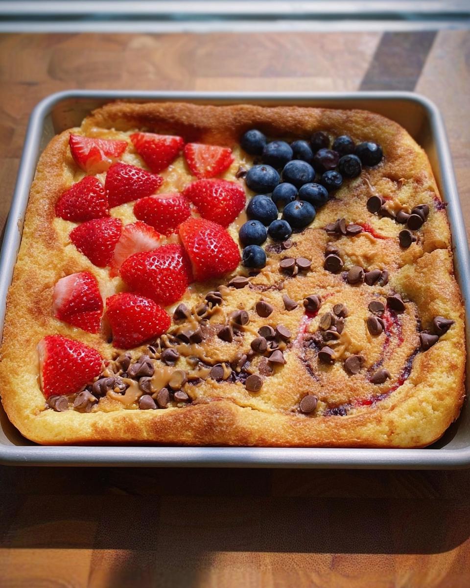 A colorful sheet pan pancake topped with strawberries, blueberries, chocolate chips, and peanut butter as one of our 10-Ingredient Breakfast Ideas.