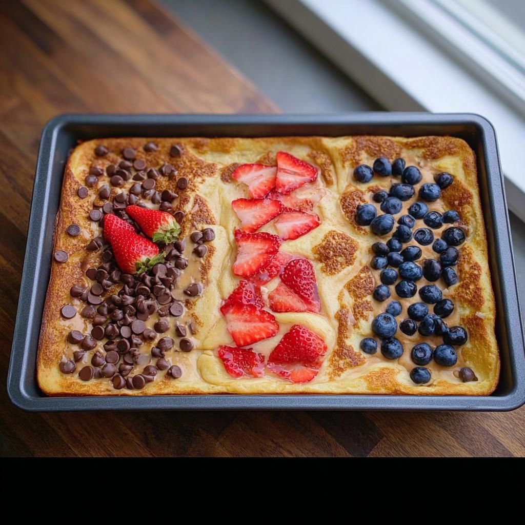 A sheet pan pancake with three toppings: chocolate chips, strawberries, and blueberries, perfect for 10-Ingredient Breakfast Ideas Recipes.