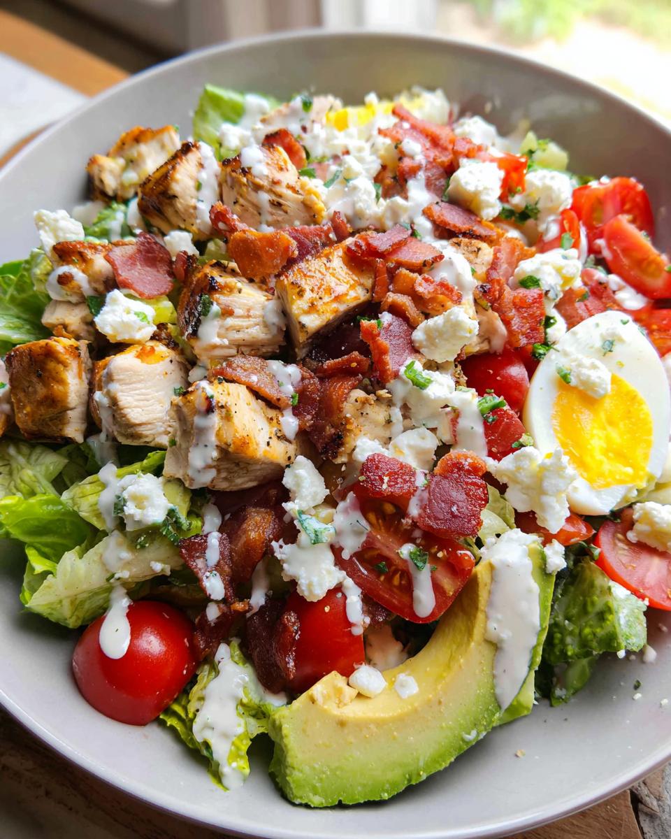 A delicious chicken salad featuring grilled chicken, crispy bacon, avocado, tomatoes, feta cheese, and a creamy dressing.