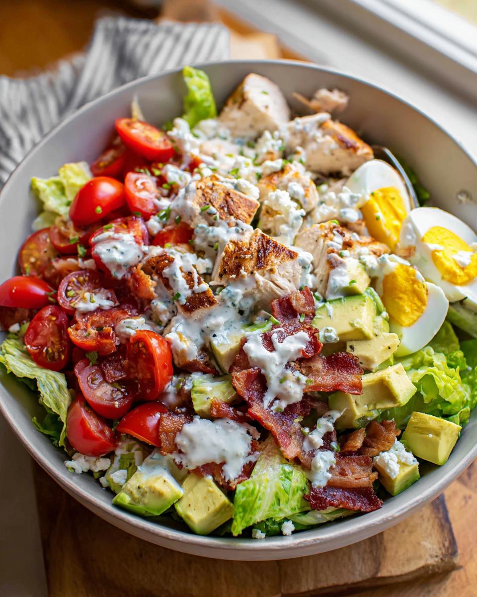 A hearty 10-ingredient chicken salad featuring grilled chicken, bacon, avocado, tomatoes, and hard-boiled eggs.