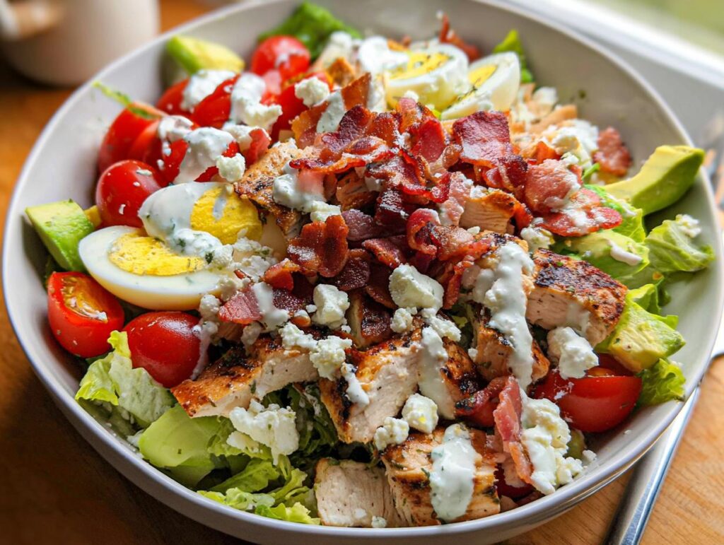 A hearty 10-ingredient chicken salad featuring grilled chicken, bacon, avocado, hard-boiled eggs, tomatoes, and blue cheese dressing.