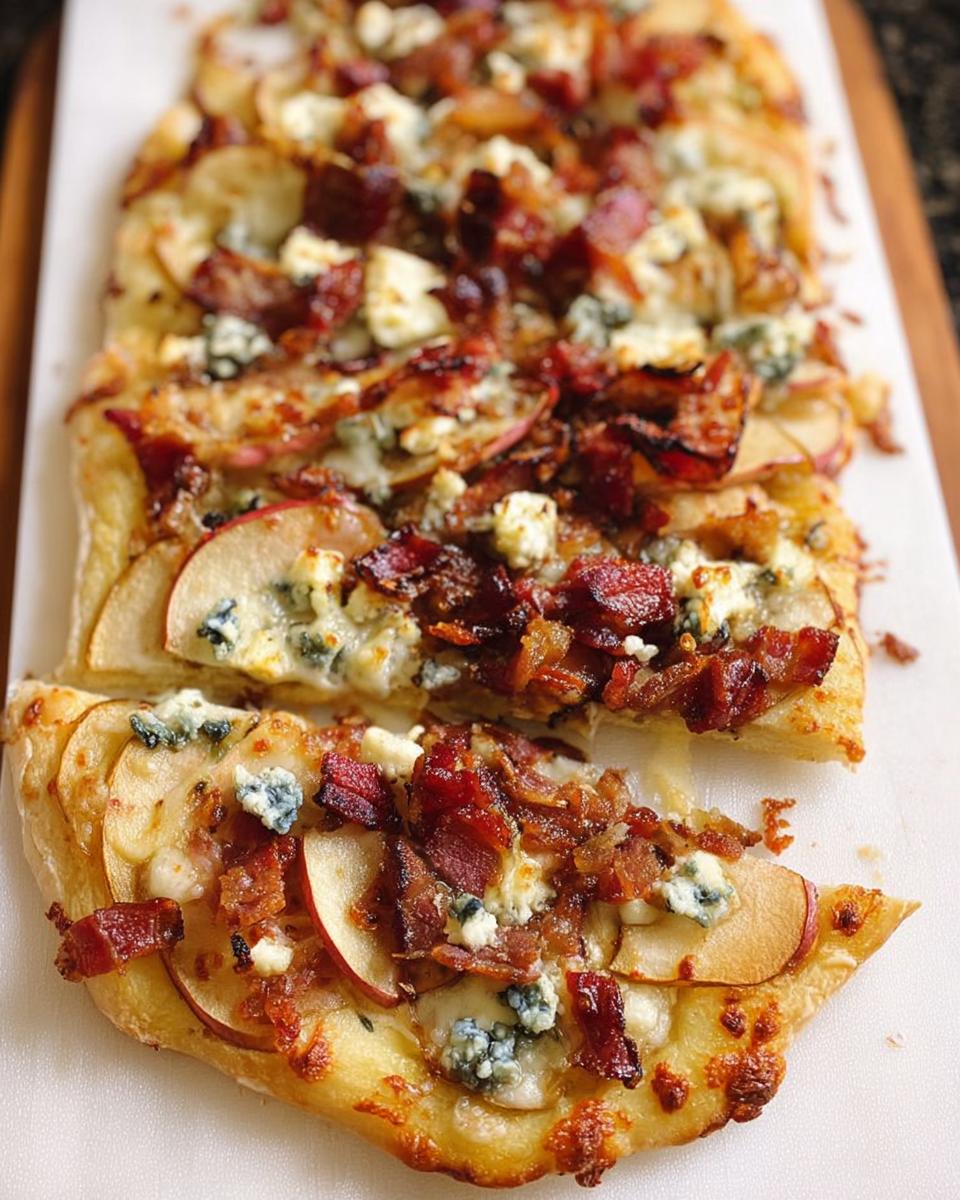 Close-up of a 10-ingredient pizza with thin apple slices, crispy bacon, and crumbled blue cheese.