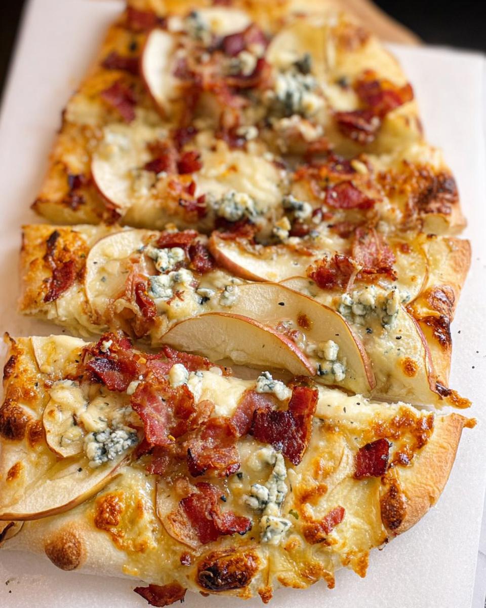 Close-up of a slice of 10-ingredient pizza topped with pear, bacon, and blue cheese.