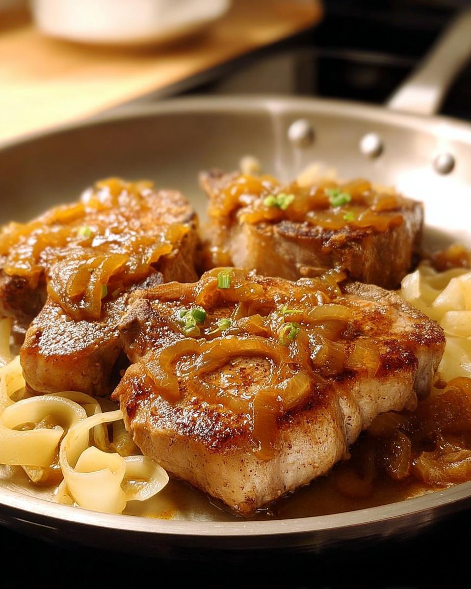 Three juicy 10-ingredient pork chops topped with caramelized onions and chives, served in a skillet.