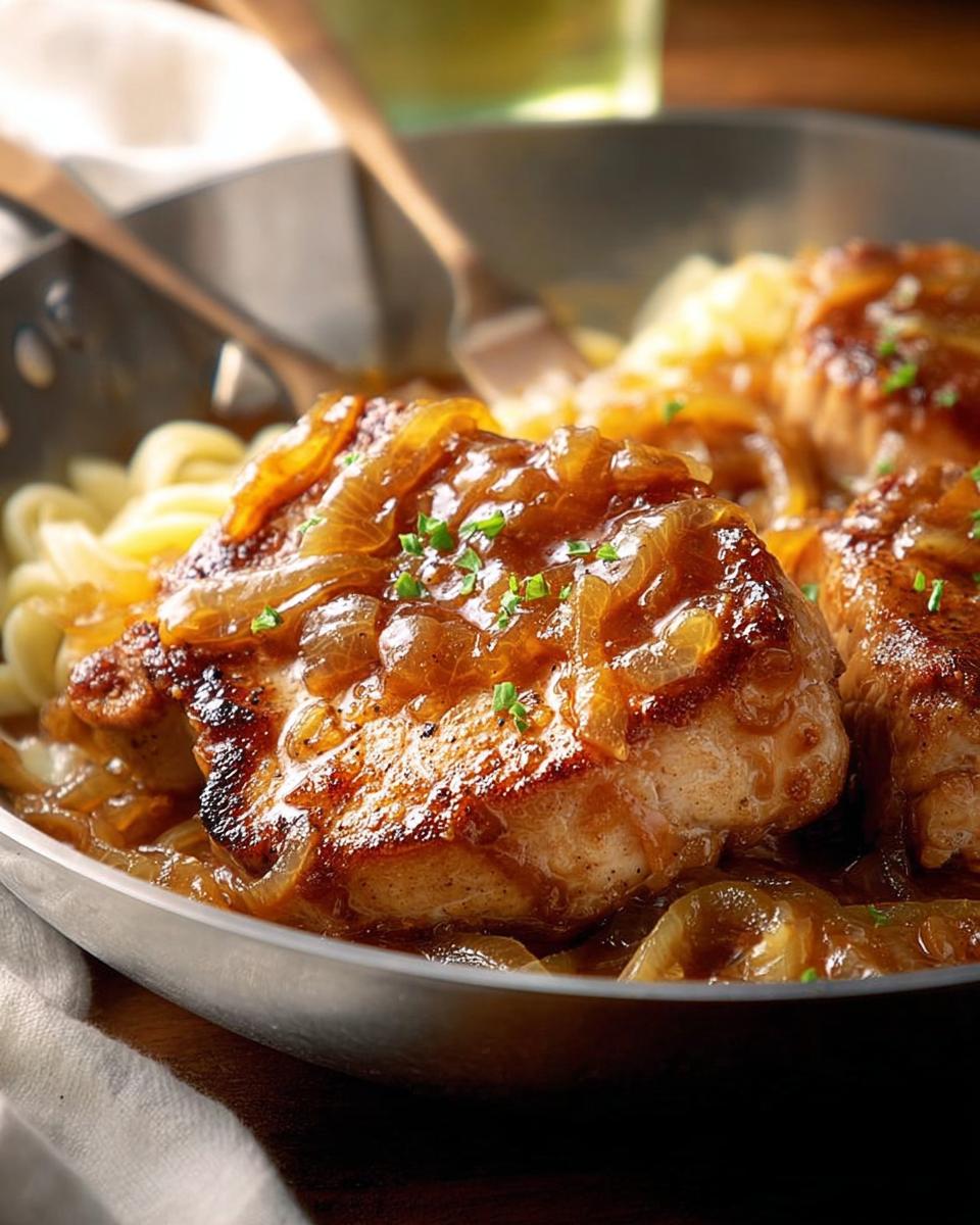 Close-up of juicy 10-ingredient pork chops smothered in caramelized onions, served over pasta.