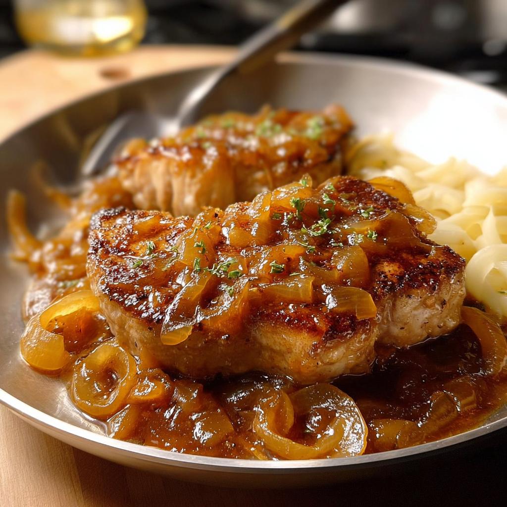 Close-up of two juicy 10-ingredient pork chops smothered in caramelized onions and sauce, served with noodles.