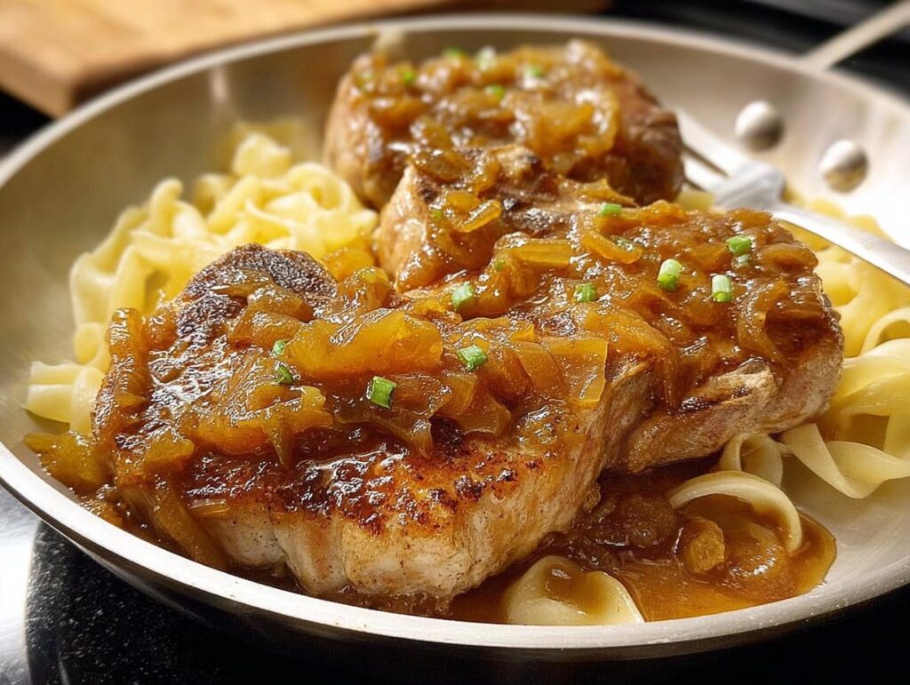 Close-up of 10-ingredient pork chops smothered in a rich onion sauce, served over egg noodles.
