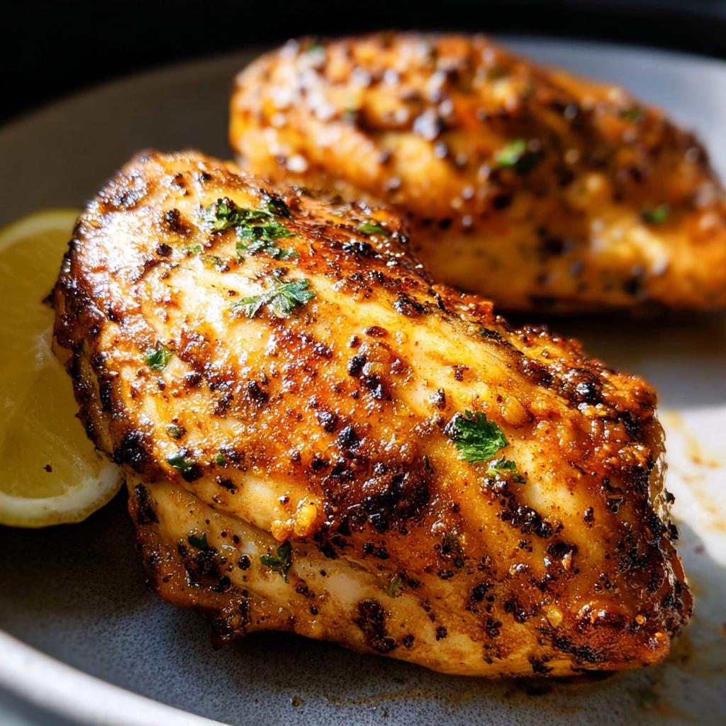 Close-up of two perfectly cooked 12-ingredient air fryer chicken breasts, seasoned and garnished with parsley, served with a lemon wedge.