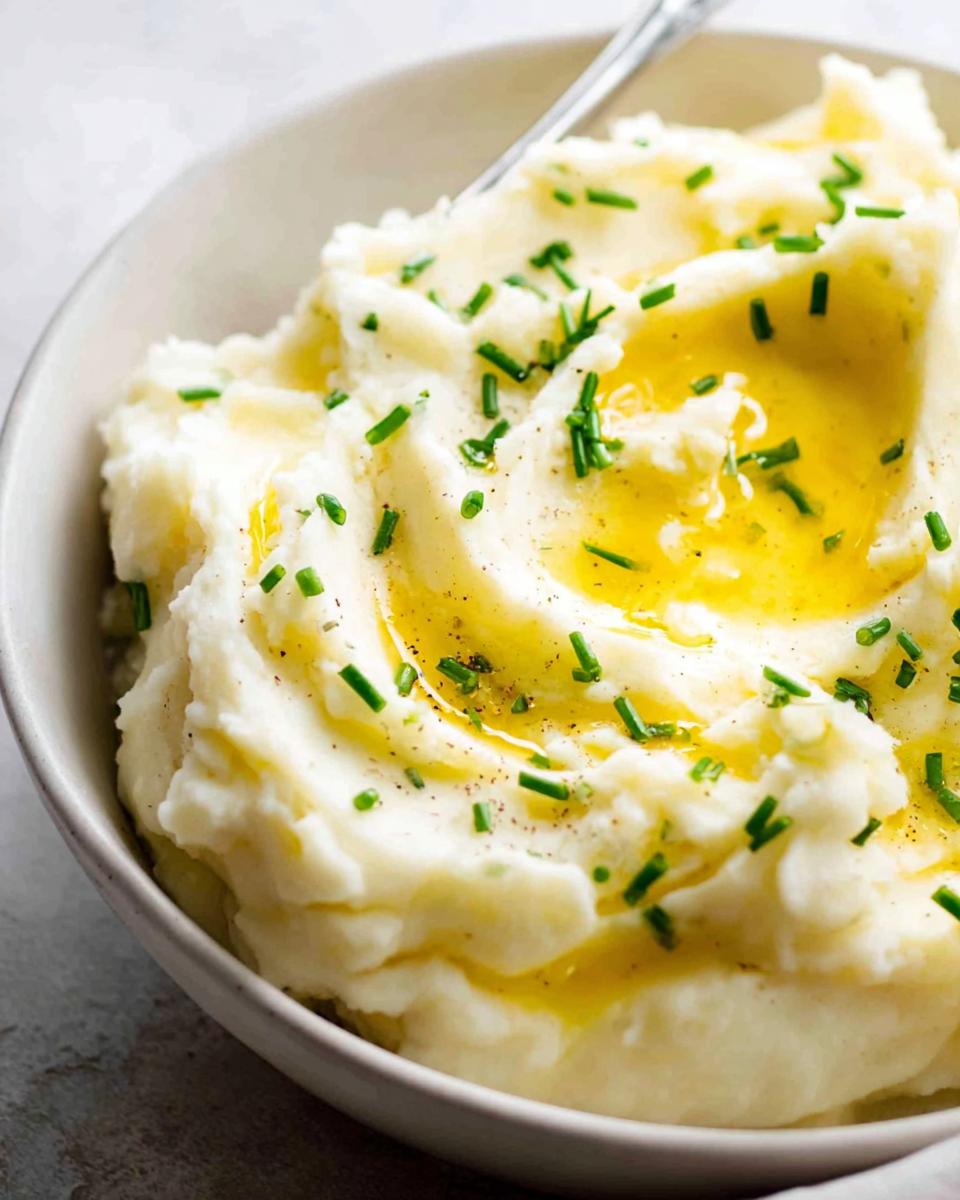 Close-up of fluffy 12-ingredient mashed potatoes topped with melted butter, chives, and black pepper.