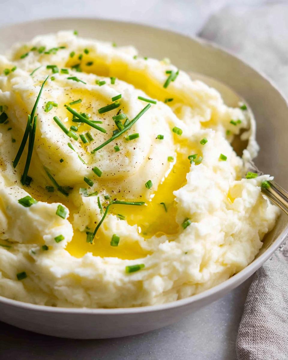 A close-up of a bowl of creamy 12-Ingredient Mashed Potatoes, topped with melted butter and fresh chives.