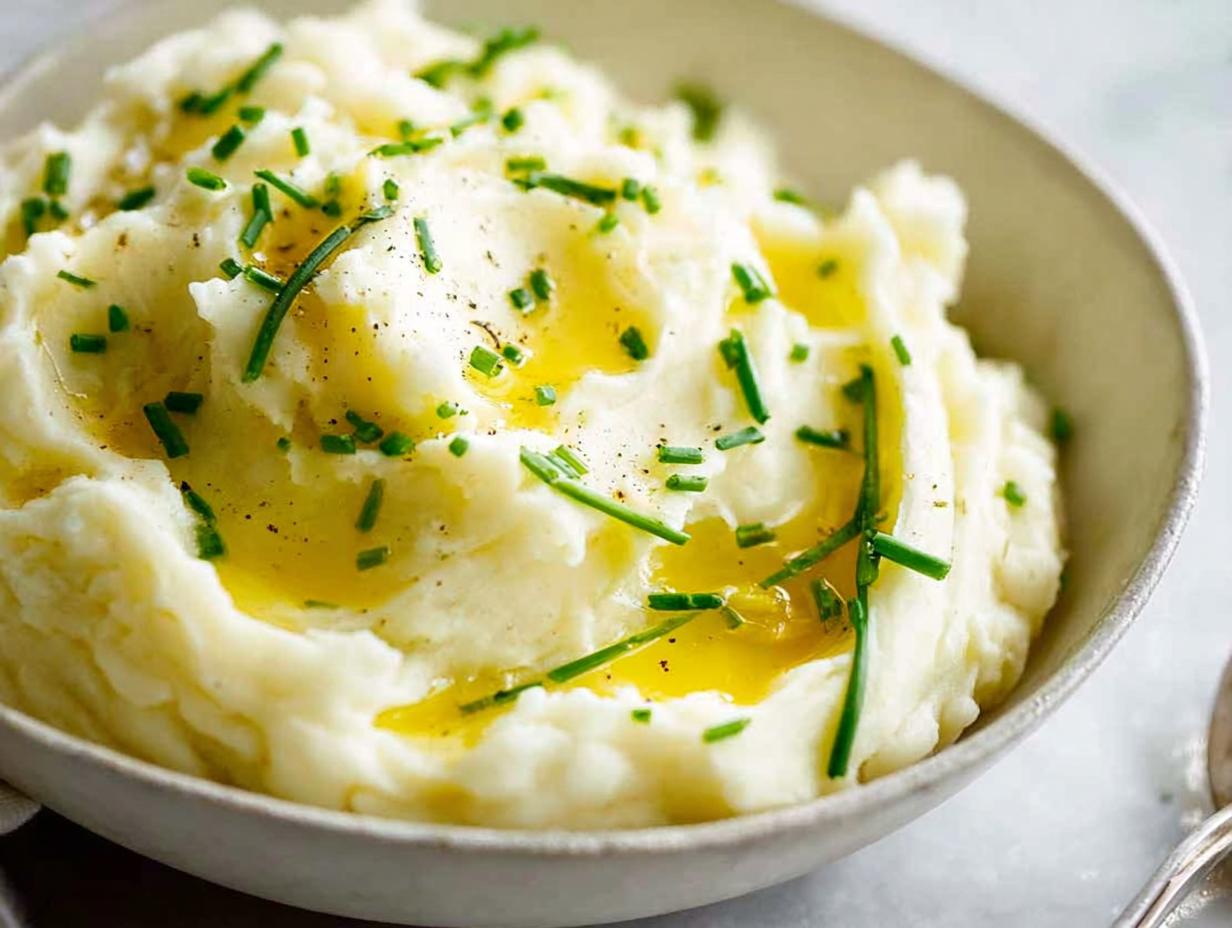 A close-up of creamy 12-ingredient mashed potatoes topped with melted butter and fresh chives.