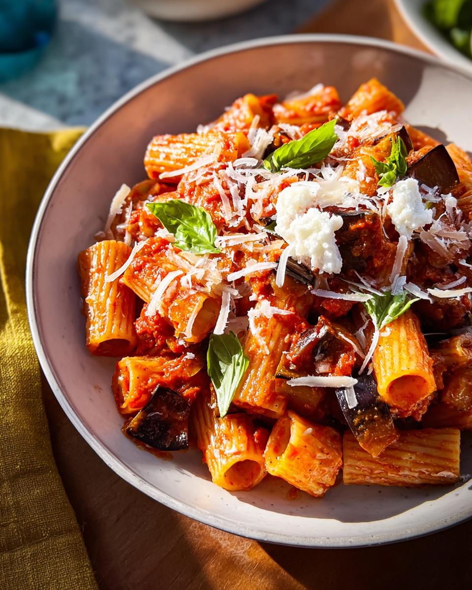 Close-up of a bowl of rigatoni pasta with tomato sauce, eggplant, and fresh basil, topped with grated cheese. A perfect 12-ingredient pasta recipe.