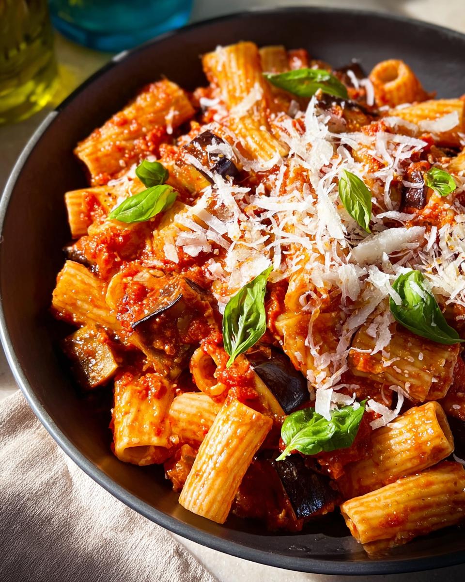 Close-up of rigatoni pasta with a rich tomato sauce, chunks of eggplant, and grated cheese, garnished with fresh basil. Part of 12-Ingredient Pasta Recipes.