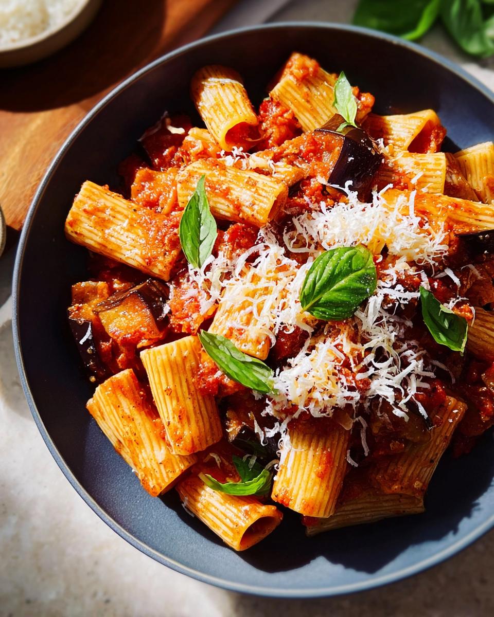 Close-up of rigatoni pasta with a rich tomato and eggplant sauce, topped with grated cheese and fresh basil. Part of 12-Ingredient Pasta Recipes.