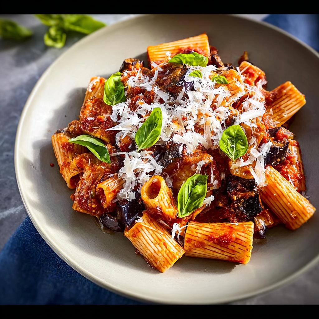A close-up of rigatoni pasta with a rich tomato and eggplant sauce, topped with grated Parmesan and fresh basil. Part of our 12-Ingredient Pasta Recipes.