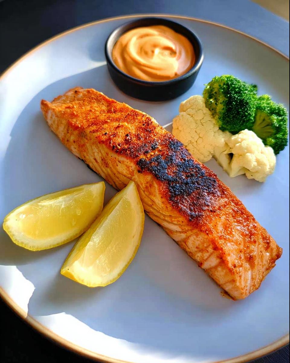 A perfectly cooked salmon fillet with lemon wedges, broccoli, cauliflower, and a side of sauce, showcasing one of our 12-Ingredient Salmon Recipes.
