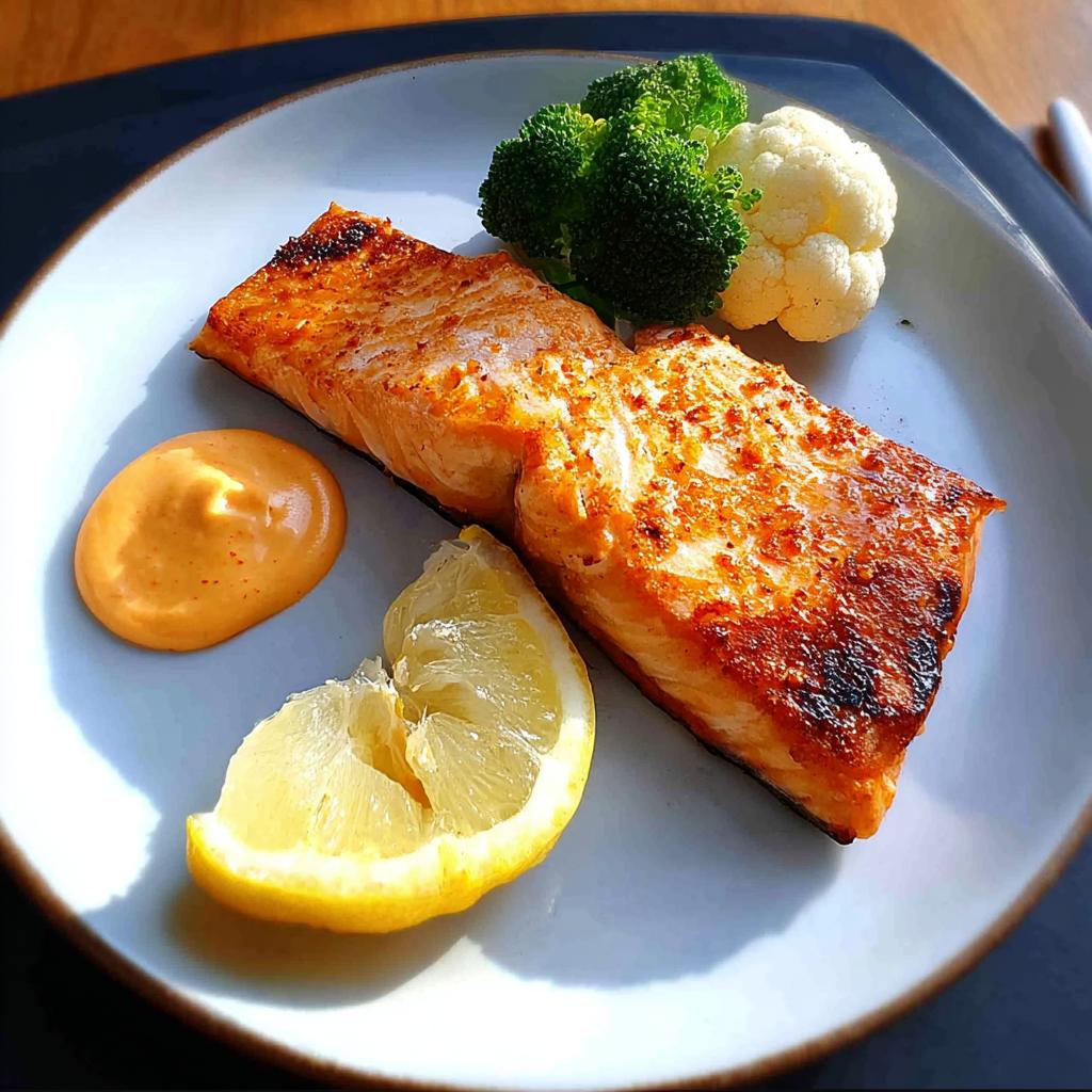 A perfectly cooked salmon fillet served with broccoli, cauliflower, lemon, and a dollop of sauce, showcasing one of the 12-Ingredient Salmon Recipes.