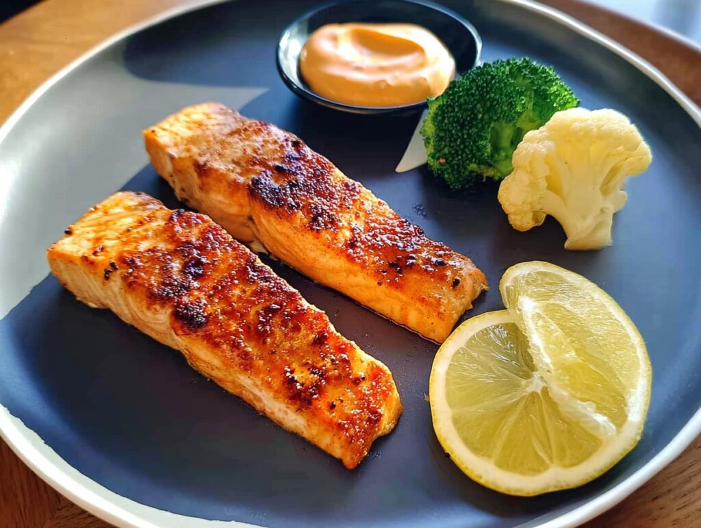 Two perfectly pan-seared salmon fillets served with steamed broccoli, cauliflower, a lemon slice, and dipping sauce.