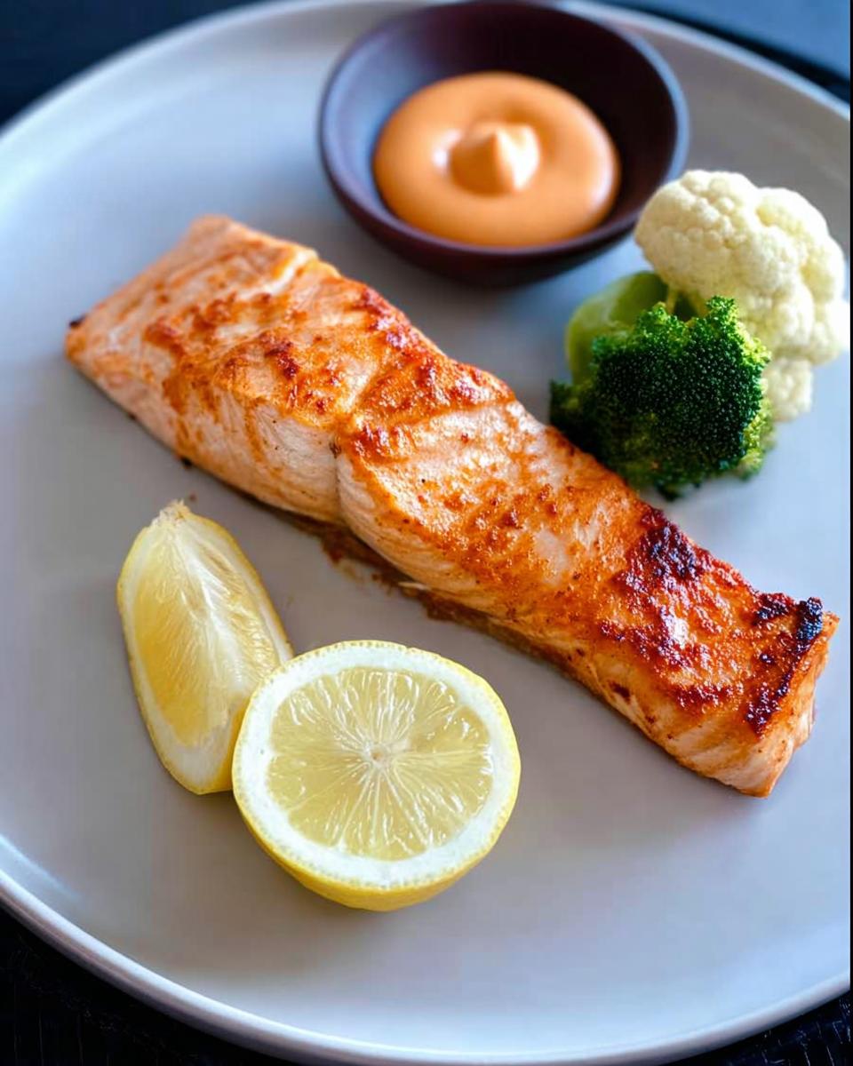 A perfectly cooked salmon fillet served with lemon wedges, broccoli, cauliflower, and a dipping sauce. Part of 12-Ingredient Salmon Recipes.