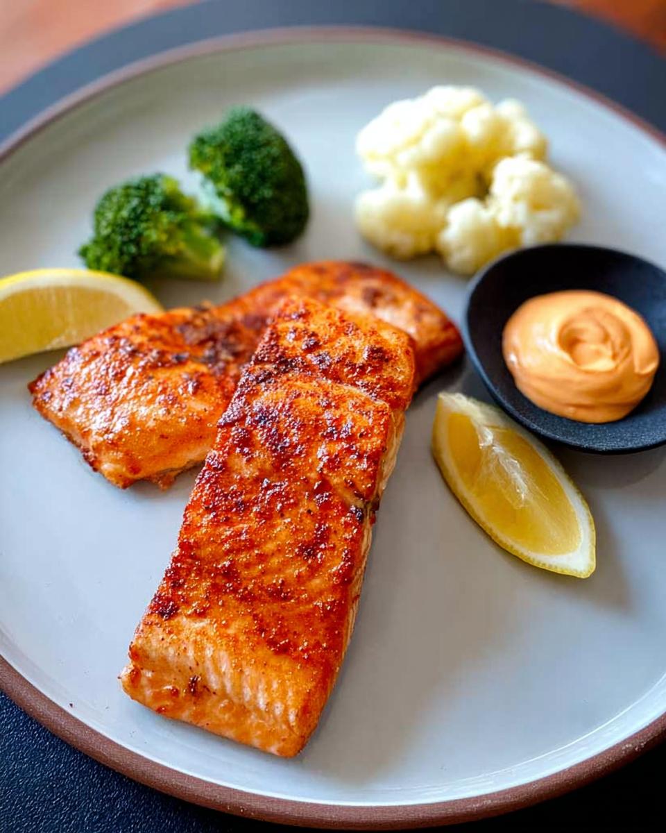 Two perfectly cooked salmon fillets seasoned with spices, served with broccoli, cauliflower, lemon wedges, and a side of sauce.