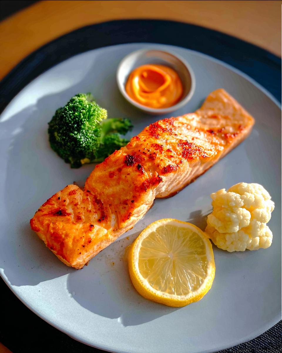 A perfectly cooked salmon fillet served with broccoli, cauliflower, a lemon slice, and a side of sauce, showcasing one of the 12-Ingredient Salmon Recipes.
