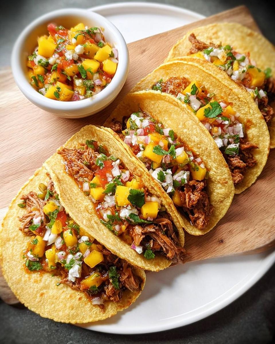 A plate of delicious tacos filled with shredded meat, topped with fresh mango salsa, perfect for 12-Ingredient Taco Tuesday Recipes.
