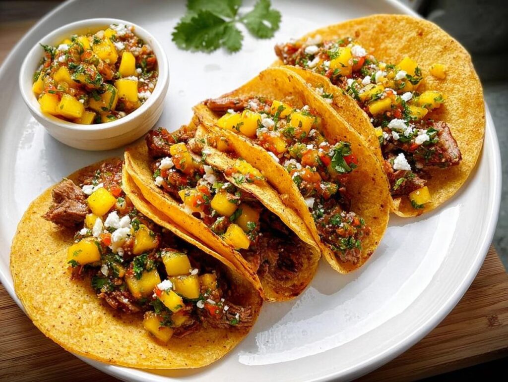 A plate of delicious 12-Ingredient Taco Tuesday recipes featuring beef tacos topped with fresh mango salsa and crumbled cheese.
