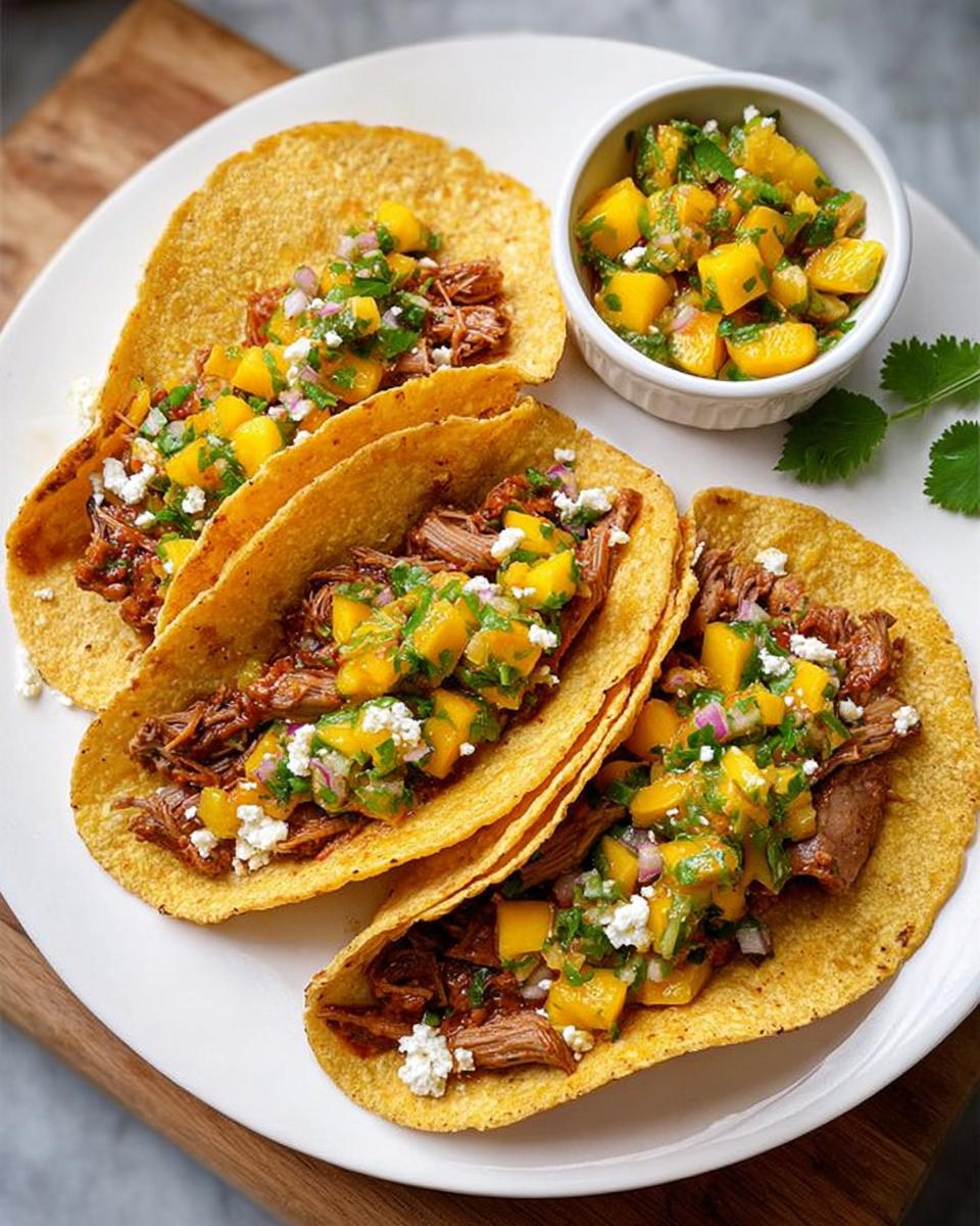 Three corn tacos filled with shredded meat, mango salsa, and crumbled cheese, part of 12-Ingredient Taco Tuesday Recipes.